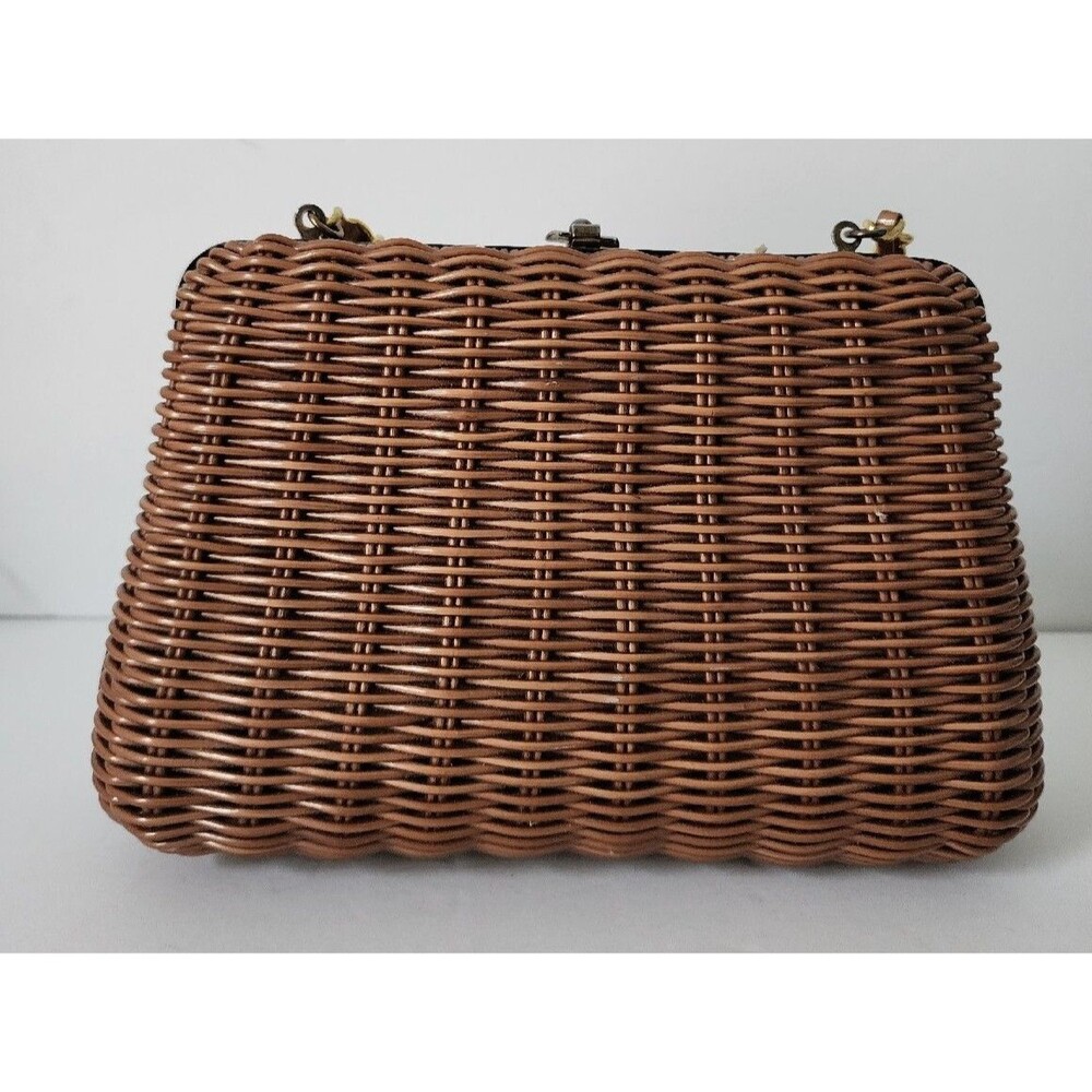 Vintage Tandem Faux Straw Bag Crossbody Purse Chain Strap Brown Gold Retro - Picture 9 of 16